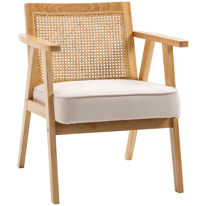 HOMCOM Fauteuil de Salon Confortable, Chaise en rotin avec Dossier en cannage, Coussin épais, Assise Profonde, Structure en Bois hévéa Tissu Aspect Lin Beige